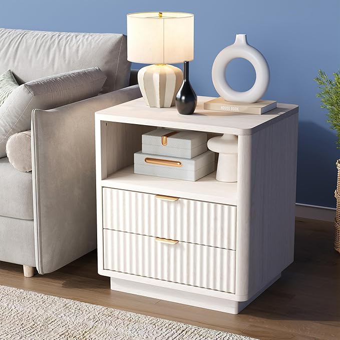 Fluted Nightstands Set of 2 - Nightstand with 2 Drawers & Open Shelves, 22" Wide Large Bedside Stand Modern Storage Wooden Side Tables for Bedroom (Oak White)