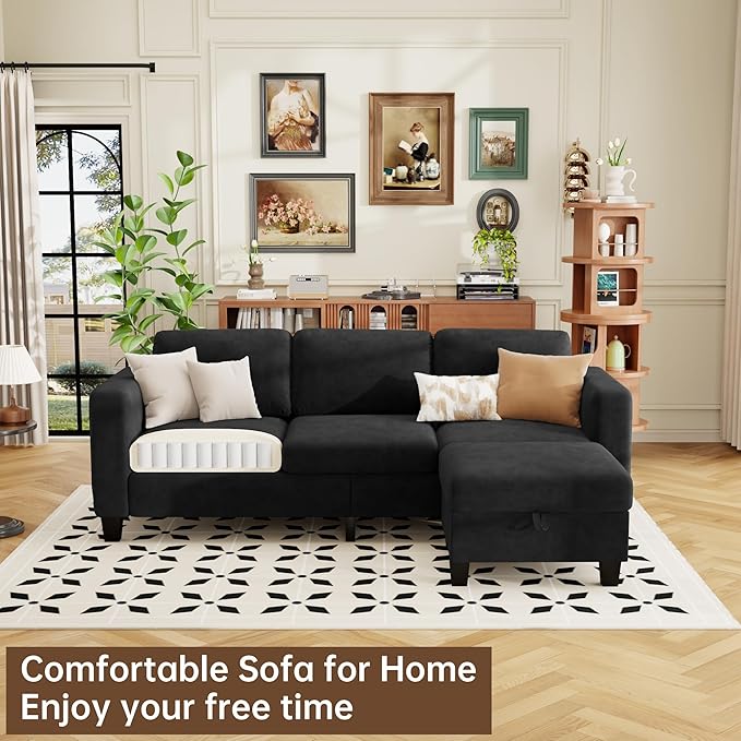 ZeeFu Sectional and Sofa Couches for Living Room - 78'' 3 Seater L-Shaped Modular Couch with Storage Ottoman - Modern Velevt Fabric Upholstered Sofa Set for Small Space Apartment Office