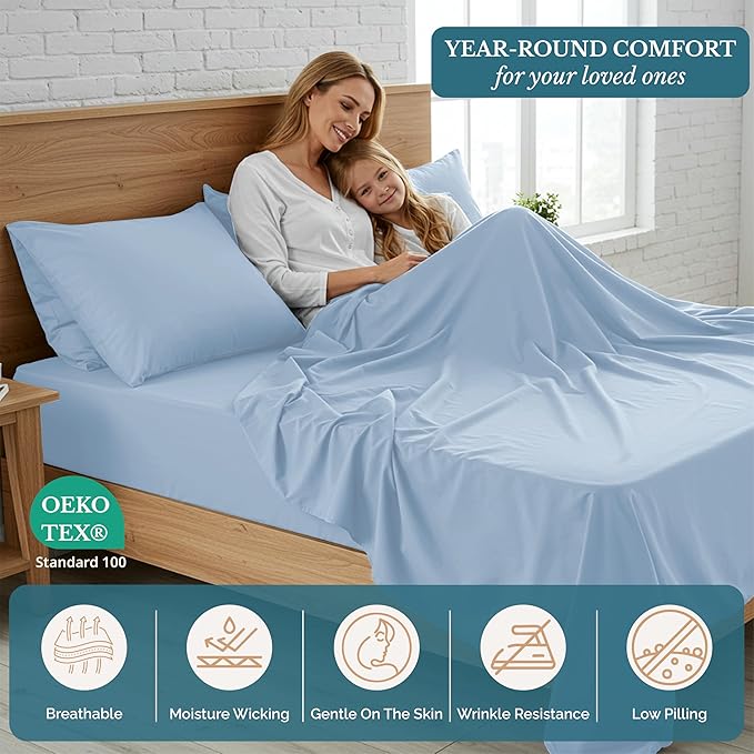 Casa Platino King Size Bedsheets – 4 Piece Set, Ultra Soft & Breathable Microfiber Bedding, Pre-Washed Brushed Microfiber, Deep Pocket King Sheet Set, Fits Mattress up to 15" Deep - French Blue