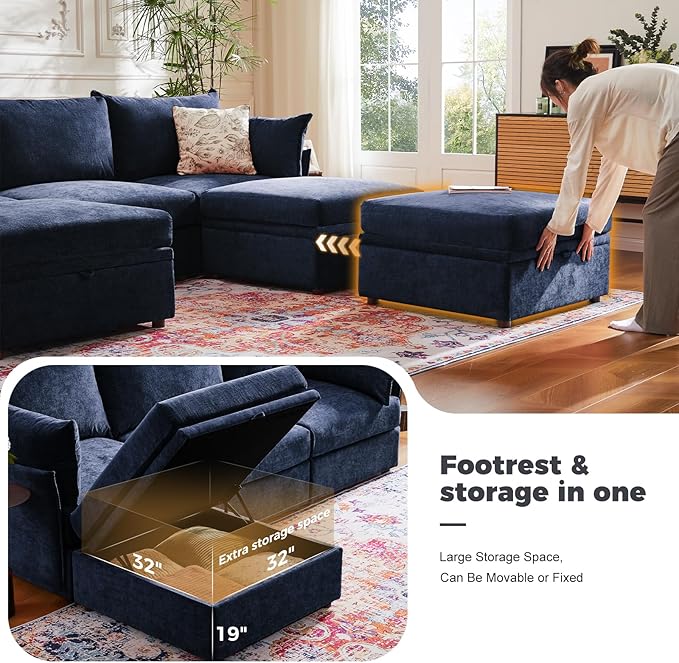 ABCASA 102.6" Modular Sectional Sofa, L Shaped Couch Set for Living Room, 3-Seater Comfy Cloud Couches with Movable Storage Ottoman,DIY Combination - Chenille Blue