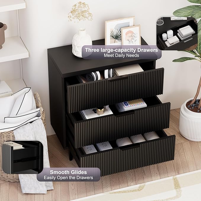 Royal Windsor Fluted Nightstand with 3 Drawers, Side End Table, Accent Storage Cabinet,Modern Night Stand Bedside Table for Bedroom,Black