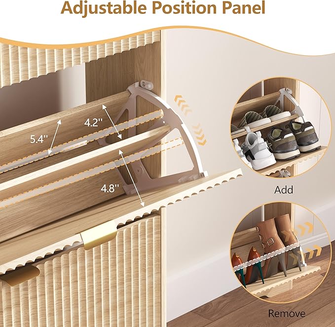 Shoe Cabinet Storage for Entryway with 2 Flip Drawers, Fluted Shoe Cabinet with Open Storage, Wooden Hidden Shoe Rack Freestanding Narrow Slim Shoe Organizer for Hallway, Entrance