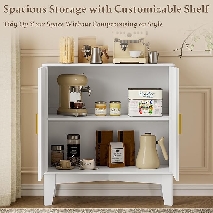 Storage Cabinet with Doors and Adjustable Shelf, Modern Fluted Sideboard Buffet Cabinet, Freestanding Coffee Bar for Kitchen, Pantry, Entryway, Living Room (White)