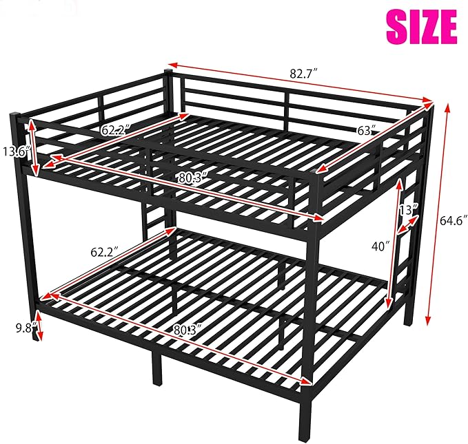 Upgraded Version Thickened Metal Heavy-Duty Queen Over Queen Bunk Bed, Best Modern Style Stronger Queen Size Bunk Bed Frame with Ladder for Adults, Easy Assembly (Queen Over Queen)
