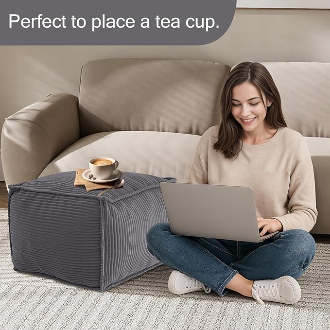 MeMoreCool Square Stuffed Pouf Ottoman Foot Rest, Corduroy Floor Pouf Foot Stool with Foam Chunk Filling, Soft Stuffed Ottoman Footrest for Living Room, Dark Grey