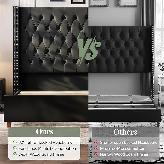 Jocisland King Size Bed Frame with 61.4" Tall Headboard, Velvet Upholstered Wingback Platform Design, Handcrafted Pleats& Deep Button Tufted, Solid Wood Legs, No Box Spring Needed, Black