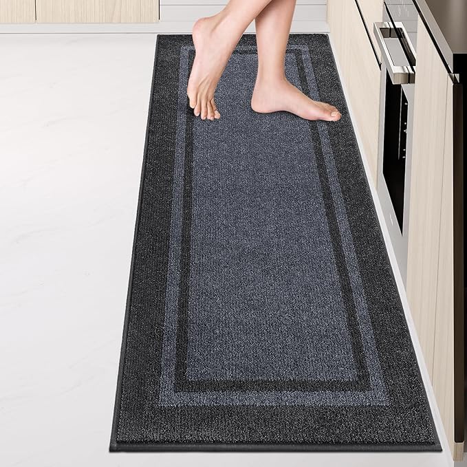 Kitchen Rugs 24" x 84", Non-Slip Machine Washable Kitchen Runner Rugs Floor Mats, Absorbent Comfort Standing Mats for Kitchen, Sink, Laundry and Hallway, Rolled Packaging, Bluish Grey & Charcoal