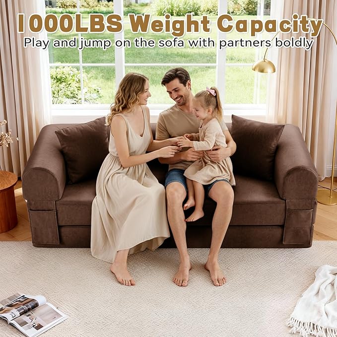 Convertible Folding Sofa Bed,78.5 Inch Faux Leather Futon Couch with Pillows & Storage Pocket,5-in-1 Queen Sleeper Sofa in a Box with Pull Out Bed,Boneless Couch for Living Room Bedroom,Brown