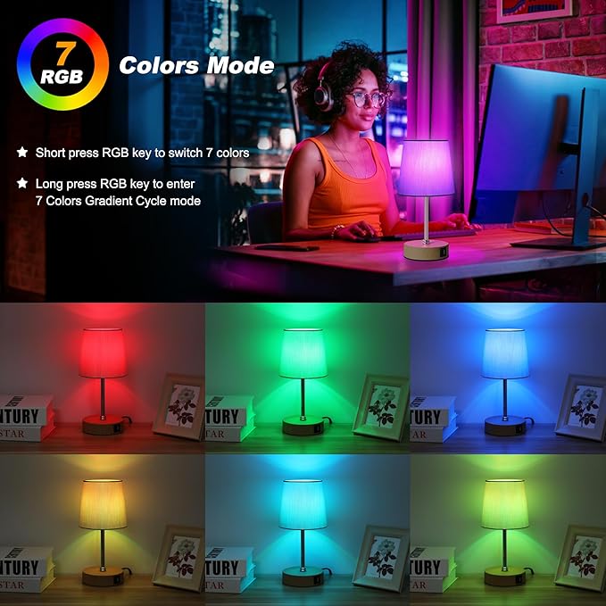 Ascher Small Bedside Table lamp Set of 2, RGB Color Changing Lamps, 3 Color Temperatures, Stepless Dimmable, Nightstand Lamp with USB C+A Ports for Bedroom Living Room, (Grey Shade, Wood Grain Base)