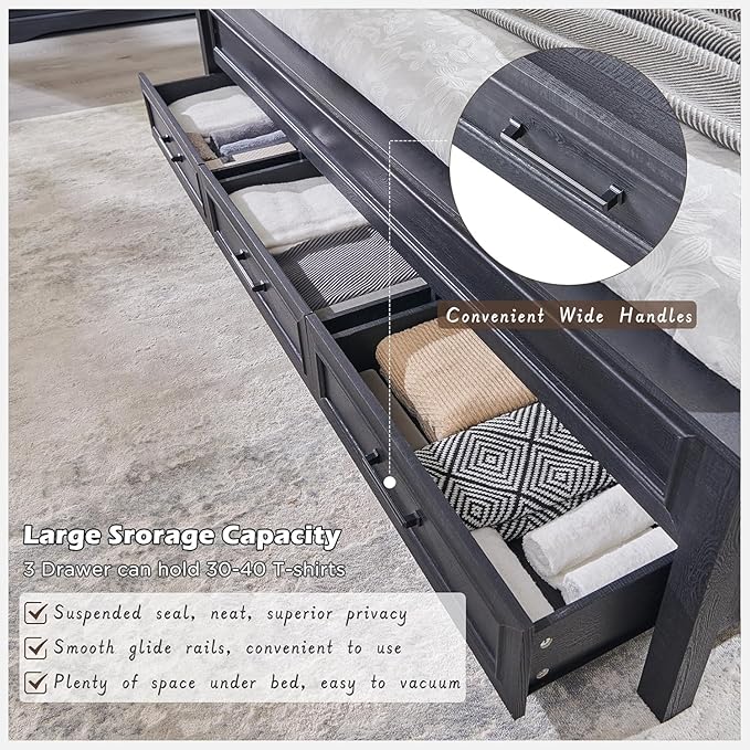 ACCOHOHO Farmhouse King Size Bed Frame with 52" Tall Headboard, Wood Platform Bedframe with Footboard and Storage Drawers, No Squeak, No Box Spring Needed, Black