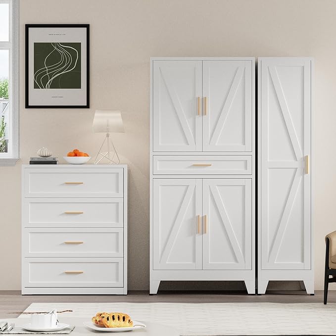 COFaR 71" Tall Kitchen Pantry, Farmhouse Storage Cabinet with Doors and Shelves, Metal Cabinet with Drawers and Legs, for Cupboard/Dining Room/Bathroom/Living Room/Office/Laundry Room (White).