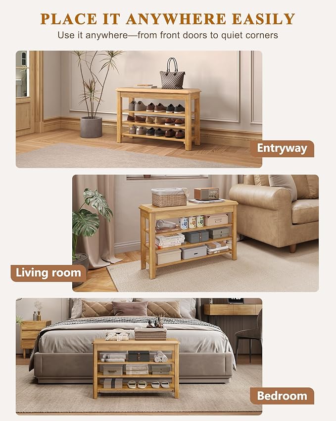 Shoe Rack Bench Seat Rubberwood 3-Tier Wooden Storage Bench 550lbs Compact Mid-Century Modern Design for Entryway, Hallway, Closet, Front Door Entrance, Foyer