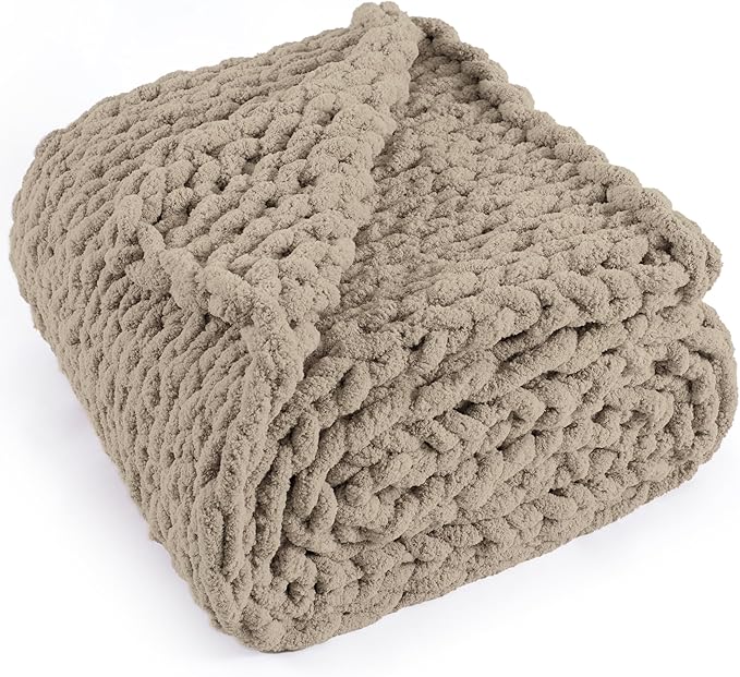 Chunky Knit Throw Blanket 50"X 60", 100% Handmade with Soft Chenille Yarn, 4.4lbs Thick Cable Knitted Blankets, Large Rope Knot Crochet Throws for Couch Sofa Bed Home Decor, Taupe