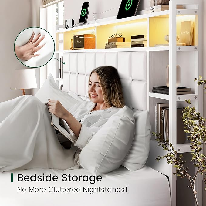 LARMACE King Size Bed Frame with 4 Storage Drawers and Bookcase Headboard, Faux Leather Upholstered, Wooden Platform Bed Frame with Charging Station and LED Lights, No Box Spring Needed, White
