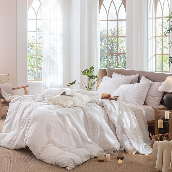 MooMee Striped Duvet Cover Set 100% Washed Cotton Linen Like Textured Breathable Durable Soft Comfy (White Heathered Greyish Pink Wide Stripes, King 104"x90")