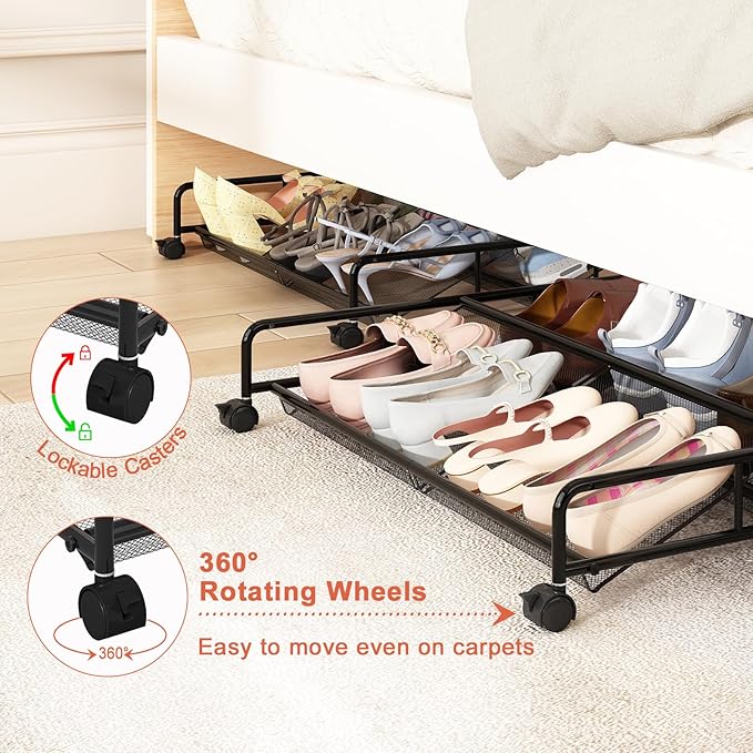 Under Bed Shoe Storage Organizer, Metal Mesh Under Bed Storage Containers with Wheels, Shoe Organizer Drawer Space Saving for Bedroom, 1 Pack