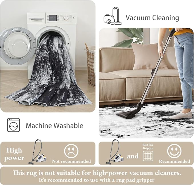 Machine Washable Runner Rug 2x6: Non Slip Hallway Rug Low Pile Kitchen Runner Soft Abstract Rug with Rubber Backing for Entryway Bedroom Bathroom Farmhouse Laundry Living Room Black White 2x6