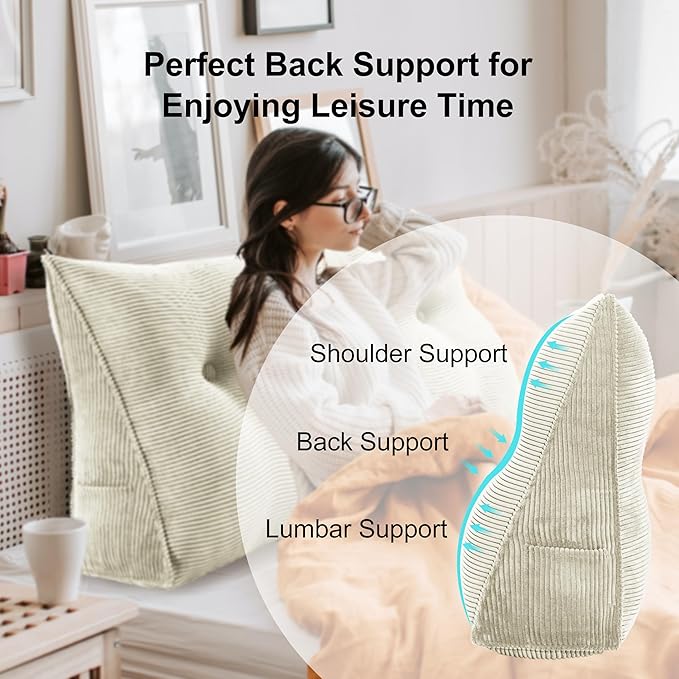 WOWMAX 100% Cotton Corduroy Headboard Pillow – California King Size Back Support Reading Wedge for Bed & Daybed, Plush Handmade Bolster Cushion with Removable Cover, Cozy Bed Rest Pillow, White
