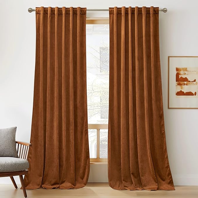 RYB Home Plush Velvet Curtains, Heavy Duty Back Tab Decorative Window Drapes Privacy Room Darkening Covering for Living Room Playroom, Golden Oak, W52 x L120 inches, Set of 2 Panels