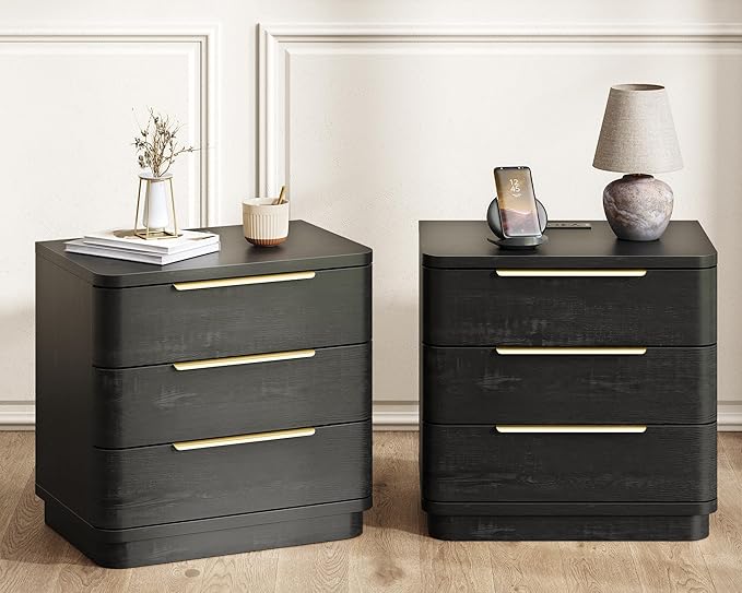 Black Nightstand Bedside Table with 3 Storage Drawers, 24" Tall Wood Night Stand with Charging Station, Modern Wide End Table Side Table W/Metal Handle Curved Profile for Bedroom
