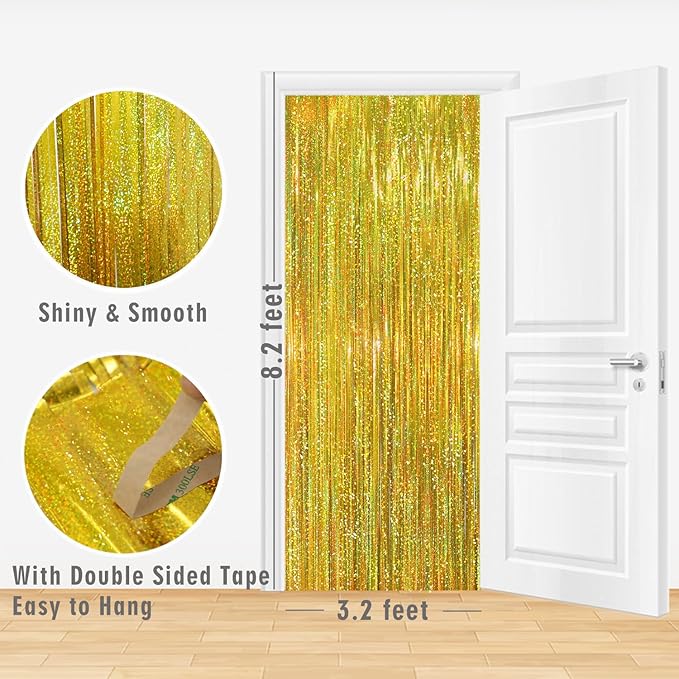 GOER 3.2 ft x 8.2 ft Metallic Tinsel Foil Fringe Curtains Party Photo Backdrop Party Streamers for Birthday,Graduation,New Year Eve Decorations Wedding Decor (2 Packs,Laser Gold)