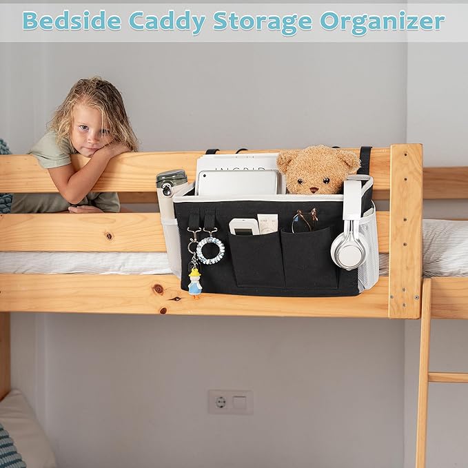 Loghot Bedside Caddy/Bedside Storage Bag Hanging Organizer for Bunk and Hospital Beds,Dorm Rooms Bed Rails,Can be Placed Glasses,Books,Mobile Phones,Keys (Black)