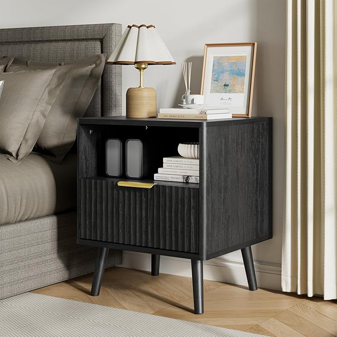 LYNSOM Fluted Dresser and Nightstand Sets 3 Piece, 5-Drawers Dresser and 1-Drawer Nightstands Set of 2, Wood Bedroom Furniture Set for Home, Bedroom, Hallway, Black