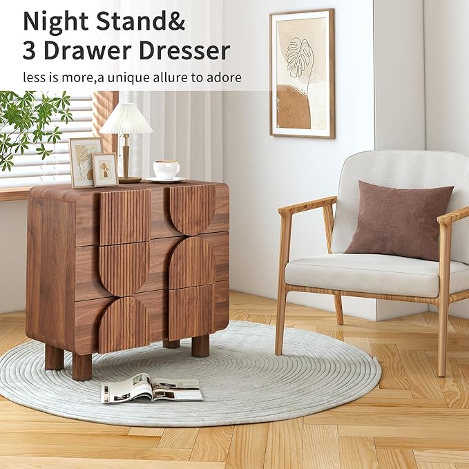 3 Drawer Dressers for Bedroom, 31.5" Wide Large Mid Century Modern Fluted Nightstand, Wood Dresser & Chest of Drawers with Curved Profile for Living Room, Entryway, Hallway, Walnut