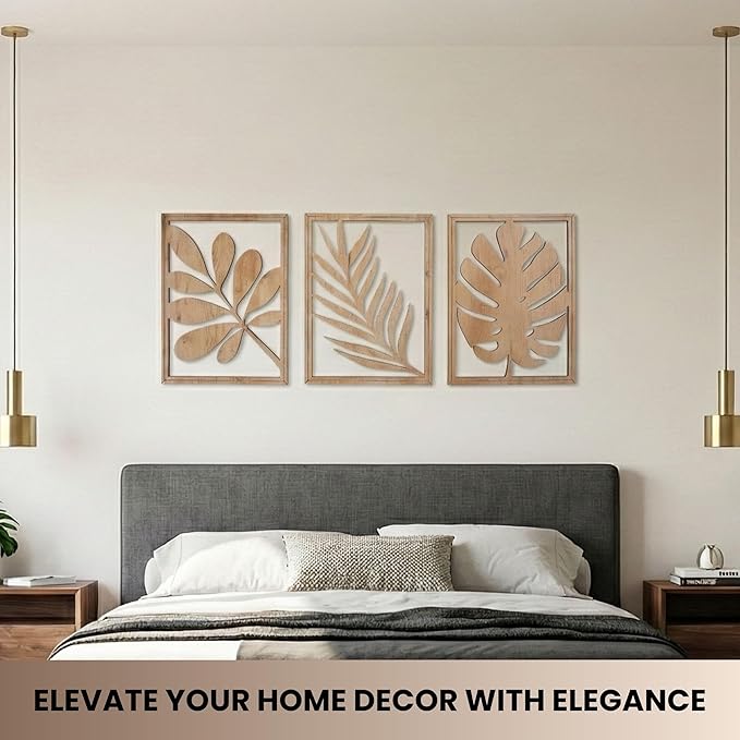 qmmp Modern Wooden Wall Sculptures - Set of 3 - Home Decor Accent - Large Wall Art for Living Room, Bedroom, Office - Easy Installation (Oak, Large - Tree Leaves)