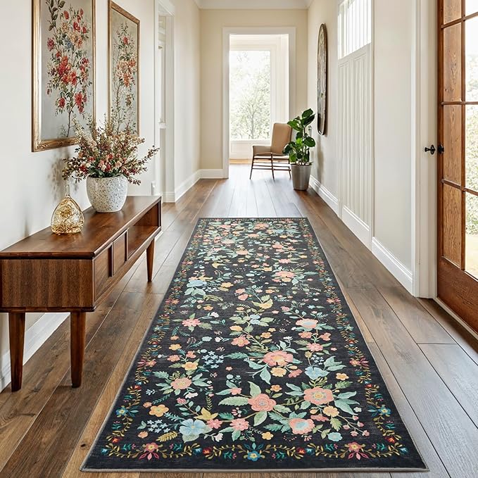 Amada 2.6x8 Washable Runner Rug, Non-Slip & Low-Profile Kitchen Area Rug with Reinforced Edge Binding, Boho Floral Pattern, Soft Long Entryway Rugs for Bedroom & Hallway