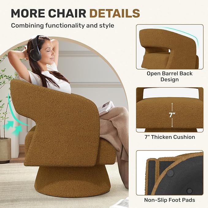 Swivel Accent Chair Set of 4, Modern Comfy Teddy Barrel Chairs, Oversized Upholstered Round Arm Chair for Living Room, Bedroom, Reading Room, Brown