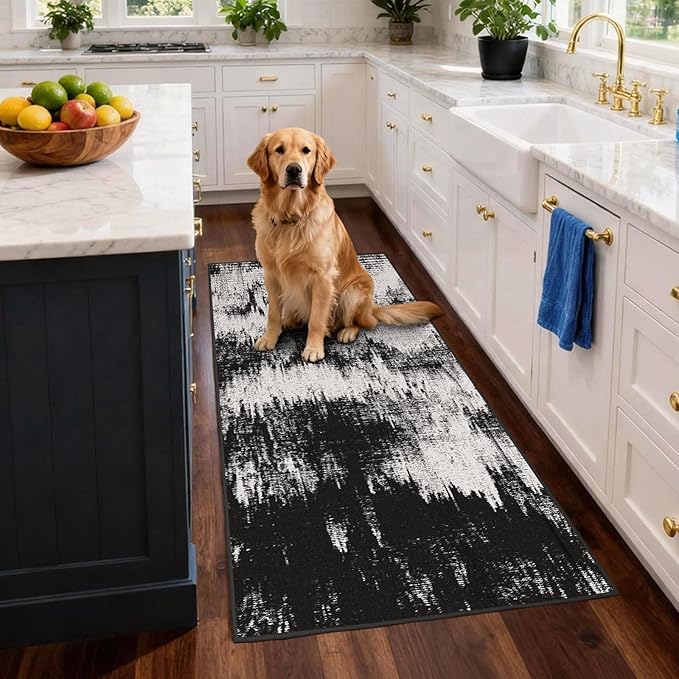 3x8 Hallway Washable Runner Rug: Extra Long Kitchen Runner Non Slip Abstract Rugs Printed Faux Wool Low Pile Soft Indoor Floor Carpet for Bedroon Dining Living Room Bathroom Black White 3x8