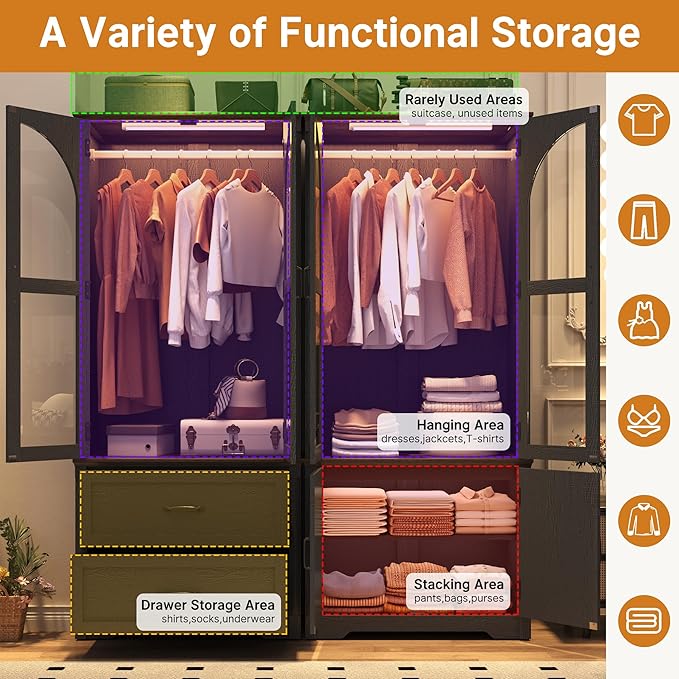 Tall Farmhouse 4 Doors Armoire Wardrobe Closet with LED ,72" Freestanding Arched Wardrobe Closet Cabinet for Bedroom w Glass Doors/Drawers,Wooden Clothing Storage Cabinet,Closets for Bedroom(Black)