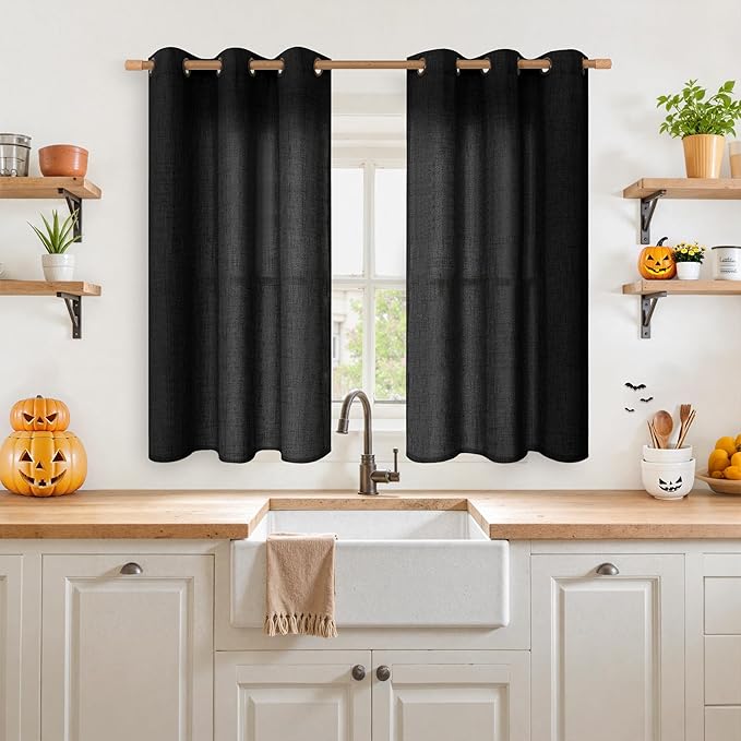 YoungsTex Black Linen Curtains 48 Inch Length for Short Windows, Light Filtering Semi Sheer Drapes with Bronze Grommet Privacy Halloween Decor for Kitchen Bathroom Living Room, 42 x 48 Inch, 2 Panels
