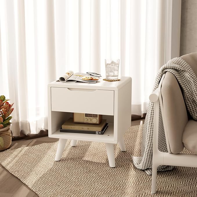 Solid Wood Nightstand White Night Stand with Drawers Mid Century Modern Nightstand with Storage,Wood Night Stand,Small Bedside Table for Bedroom,Living Room,Office,White Bedside Table