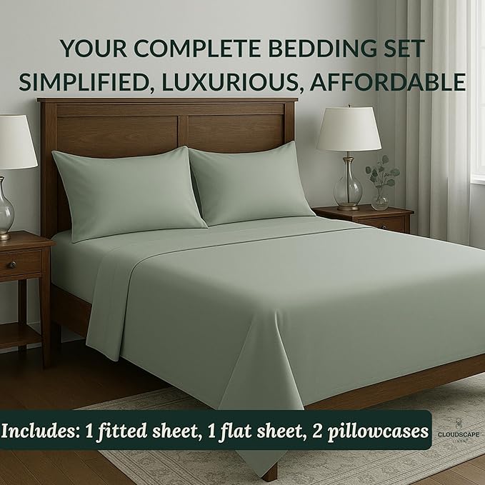 Cloud Scape Linen 100% Egyptian Cotton Sheets Full Size, 4 Pieces Luxury Bedding Set, 400 Thread Count,Hotel Quality, Silky Soft, Deep Pockets up to 17, Mineral