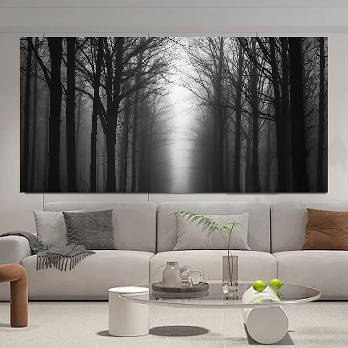 Trogonup Misty Forest Canvas Wall Art Black and Grey Tree Landscape Canvas Print Large Artwork for Living Room Bedroom Office Dining Room 29"x58"
