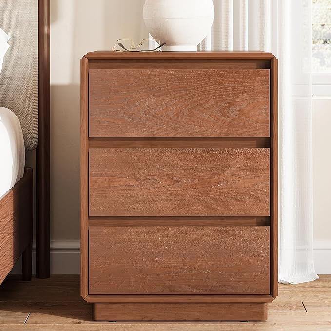 Solid Wood Nightstand Set of 2, Natural Wood Night Stand with 3 Drawers, Mid Century Modern Nightstand with Storage, Bedside Table for Bedroom, Office, Brown