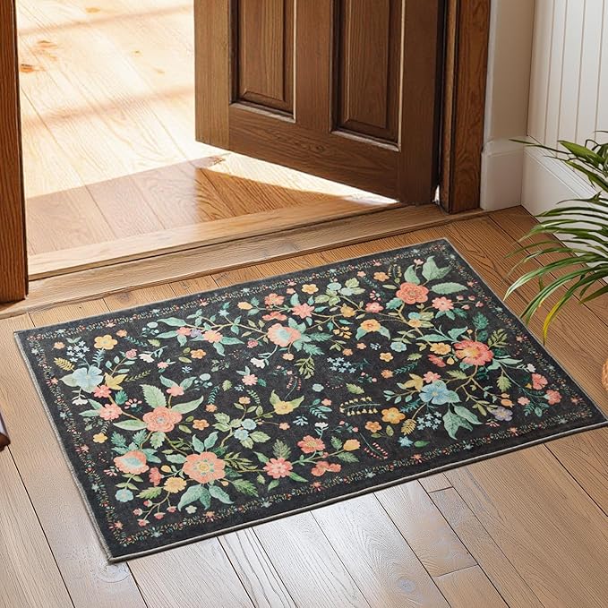 Amada 2x3 Washable Area Rug, Non-Slip & Low-Profile Entryway Rug with Reinforced Edge Binding, Boho Floral Pattern, Soft Small Rugs for Entryway, Kitchen, Living Room