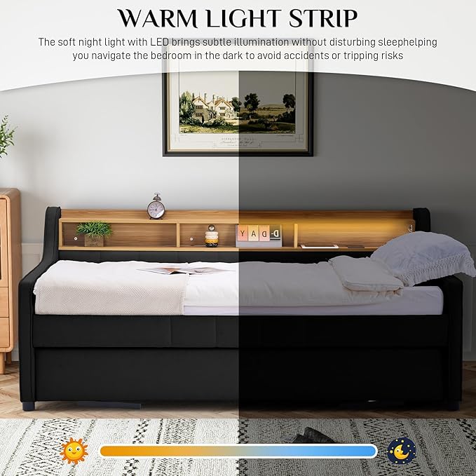 Twin Size Daybed with Pop Up Trundle Bed, Linen Fabric Upholstered Day Bed Frame with w/LED/USB/Type C/Storage Headboard, Twin to King Daybed for Living Room Bedroom, No Box Spring Needed, Black