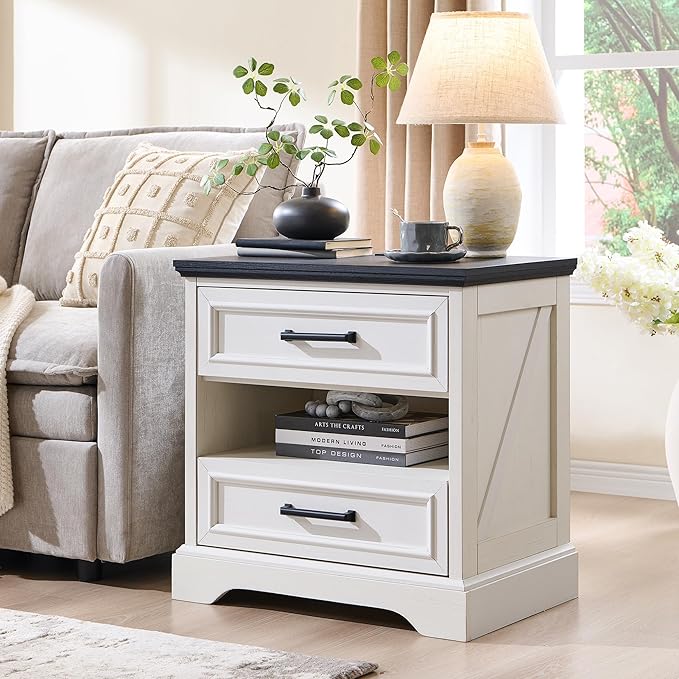 ACCOHOHO 24" Farmhouse Nightstand Set of 2 with Charging Station, 2 Drawers Large Bedside Table with Open Shelf, Rustic End Table for Bedroom - White