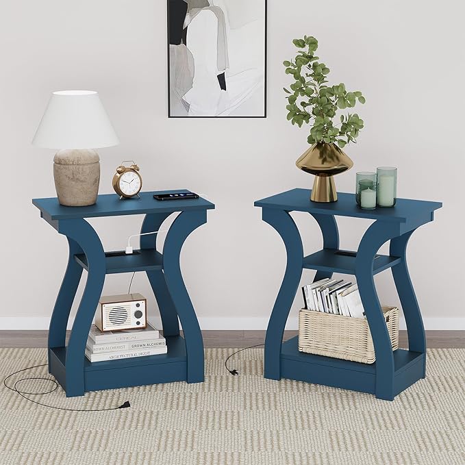 End Table with Charging Station, Side Table with USB Ports and Outlets, Nightstand, 3 Tier End Table with Storage Shelf for Living Room, Bedroom, Navy Blue, Set of 2