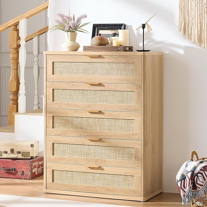 LEYAOYAO Rattan Dresser for Bedroom Set 2, 41" Tall Chest of Drawers, Modern 5 Drawers Boho Dressers with Storage, Light Oak Dresser Wooden Closet Organizer for Living Room, Hallway, Natural Wood
