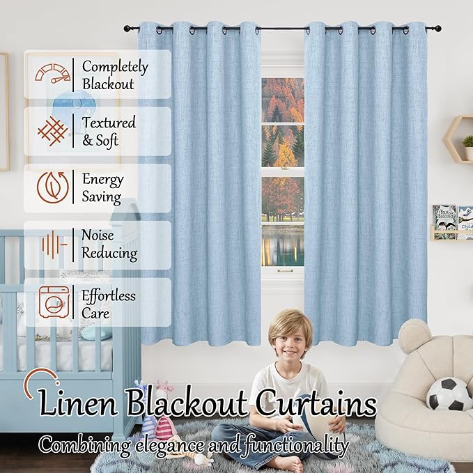 Baby Blue Linen Blackout Curtains for Nursery 63 Inch Length 2 Panels Set, Thermal Insulated Boho Total Black Out Noise Reducing Bonzer Grommets Window Curtains for Kids Bedroom, Each 52 Inch Wide
