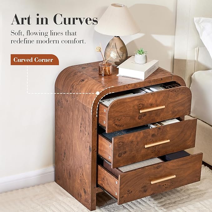 Farmhouse Nightstand Set of 2, 23.5" Curved Modern Night Stand with 3-Drawer, Bedside Table, End Table for Bedroom, Storage Cabinet for Living Room Home Office Entryway, Dark Burl