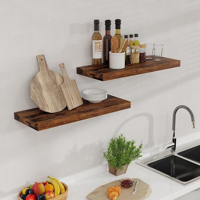 Floating Shelves for Wall, 24 x 9.3 Floating Shelf Wall-Mounted, Rustic Wood Bathroom Shelf Set of 2, Deep Bookshelf Storge Shelves for Living Room, Bedroom, Farmhouse, Rustic Brown Color
