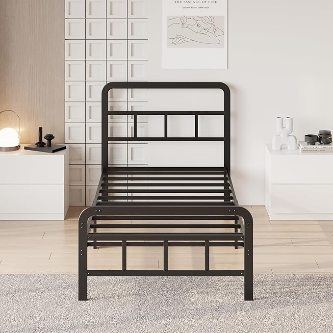 12 Inch Twin Bed Frames with Headboard and Footboard, No Box Spring Needed, Heavy Duty Metal Mattress Foundation, Noise Free, Easy Assembly, Black