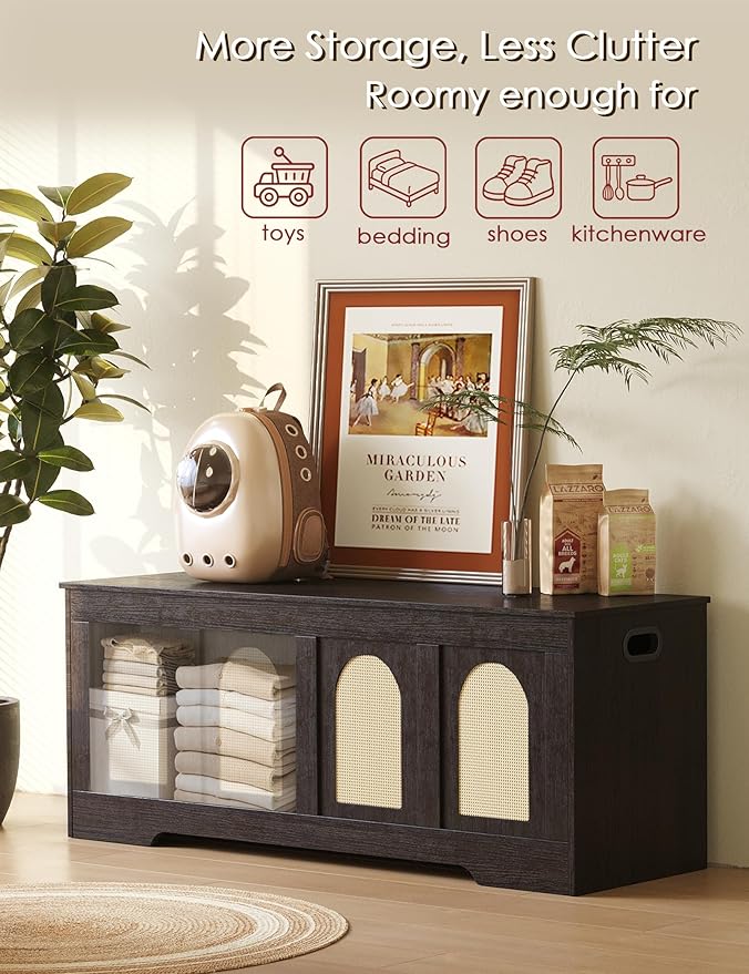DINZI LVJ Storage Chest, 47.2" Rattan-Like Toy Box with 2 Safety Hinges, Wooden Entryway Storage Bench with Flip-Top, Large Trunk for Living Room, Bedroom, Easy Assembly, Espresso and Natural