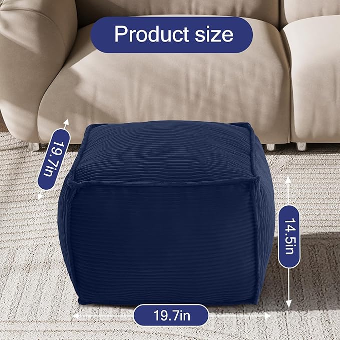 MeMoreCool Square Stuffed Pouf Ottoman Foot Rest, Corduroy Floor Pouf Foot Stool with Foam Chunk Filling, Soft Stuffed Ottoman Footrest for Living Room, Navy