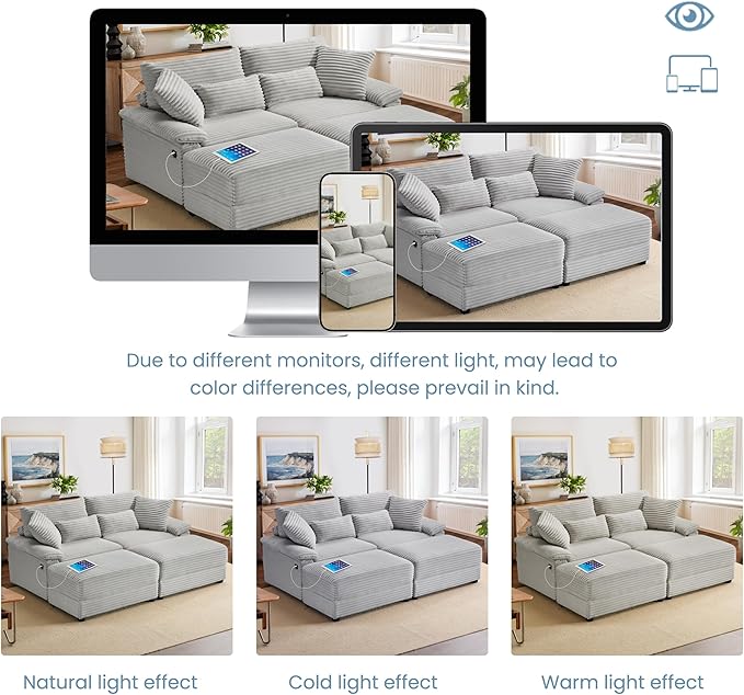 SUNWAVE 74" Double Chaise Lounge Chair Indoor, Oversized Loveseat with Removeable Ottoman, Corduroy Couch with USB Charging, Storage Ottoman, and Coffee Table Cushions for Living Room (2 Chaise Gray)